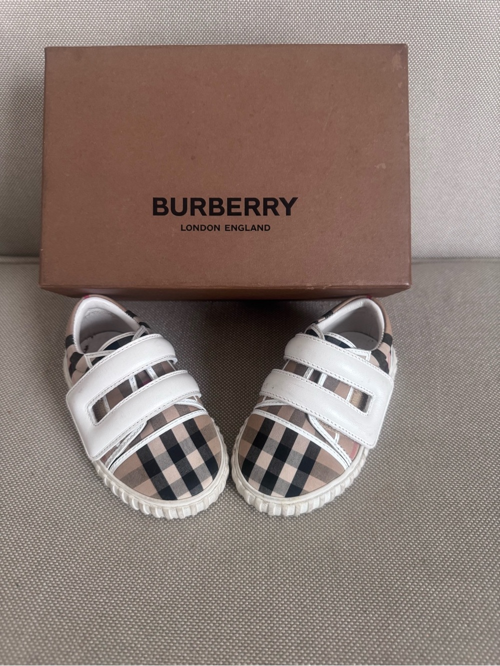 Burberry Kids Beige & Black Check Velcro Sneakers